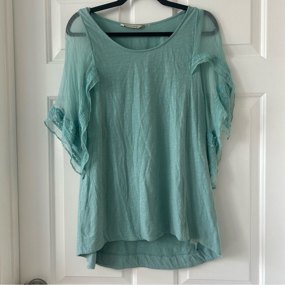 Soft Surroundings 100% Cotton Embroidered Top Teal Turquoise
